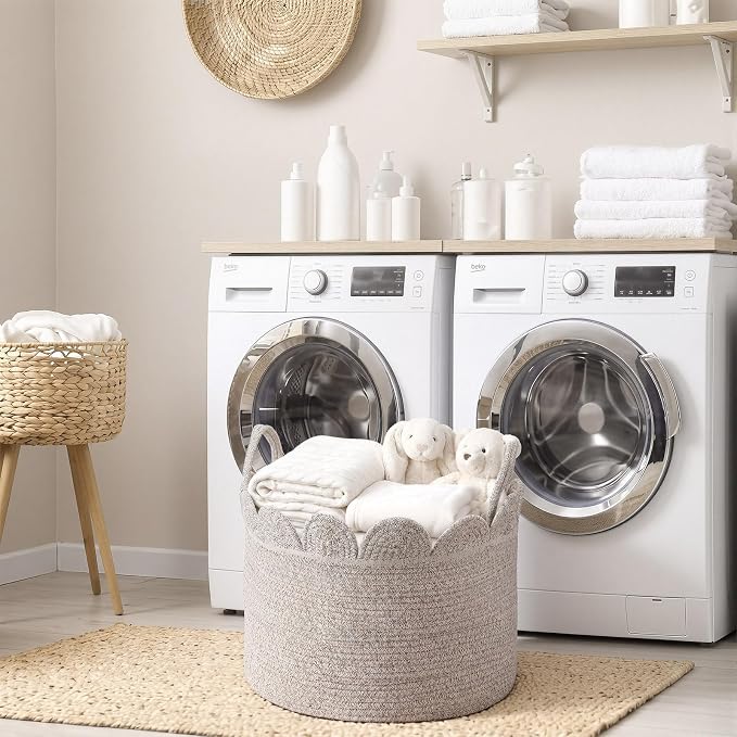 LemonRoad Brown Variegated Round Basket Large Blanket Basket 16" x 14" Scalloped Woven Baskets Cotton Storage Baskets for Nursery Classroom Closet Blankets Storage Home Decor