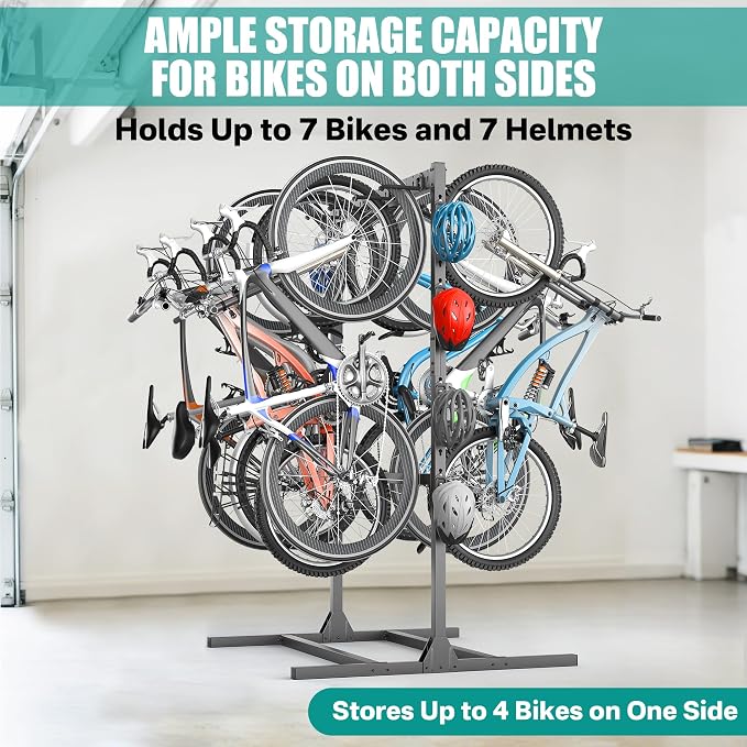 EVERHANGER Freestanding Bike Stand Rack with Adjustable Hooks, Vertical Bike Stand for Garage, Bicycle Storage Organizer, Holds Up to 7 Bikes & 7 Helmets