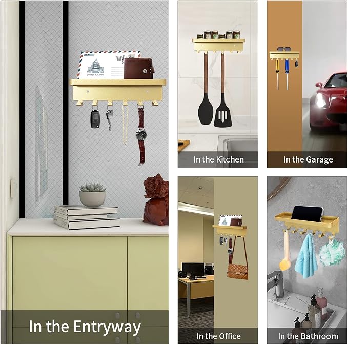 GTK Key Holder for Wall, Key Hooks with Tray and 6 Hooks, Wall Mounted Key Holder for Hallway, Key Rack with Shelf for Mail Storage (Gold)