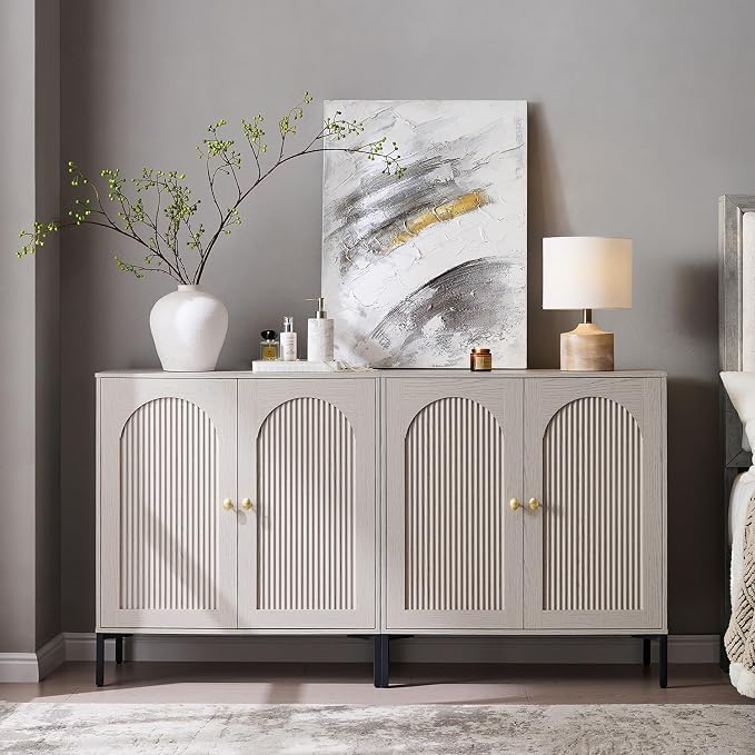 IFGET 61.75"W Modern Arch Sideboard Buffet Cabinet with Storage, Light Grey | Fluted Arched Sideboard Cabinet w/Adjustable Shelves, Wood Modular Kitchen Cabinet for Dining& Living Room, Kitchen, Entryway