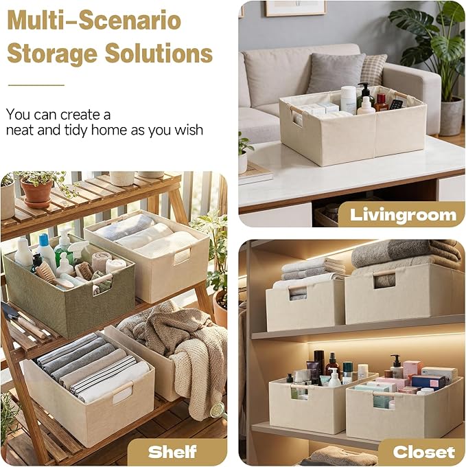 Foldable Fabric Storage Baskets Set of 2 for Shelves, Linen Decorative Storage Bins with Wooden Handles, Small Organizer Cubes for Closet, Rectangle Canvas Boxes for Organizing, Decor (Brown 2 Pack)