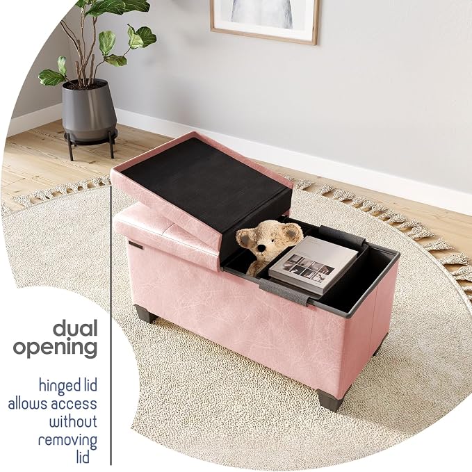 Storage Ottoman Bench with Bins, 30-in Storage Bench for Bedroom End of Bed, Folding Foot Rest Ottoman for Living Room Max 660lbs, Leather Ottomans, Pink