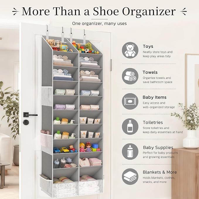 Over the Door Shoe Organizer, 20-30 Pairs Heavy-Duty Hanging Shoe Storage with Large Pockets, 10-Tier Door Shoe Rack with 4 Hooks for Sneakers Sandals Heels Boots (Gray)