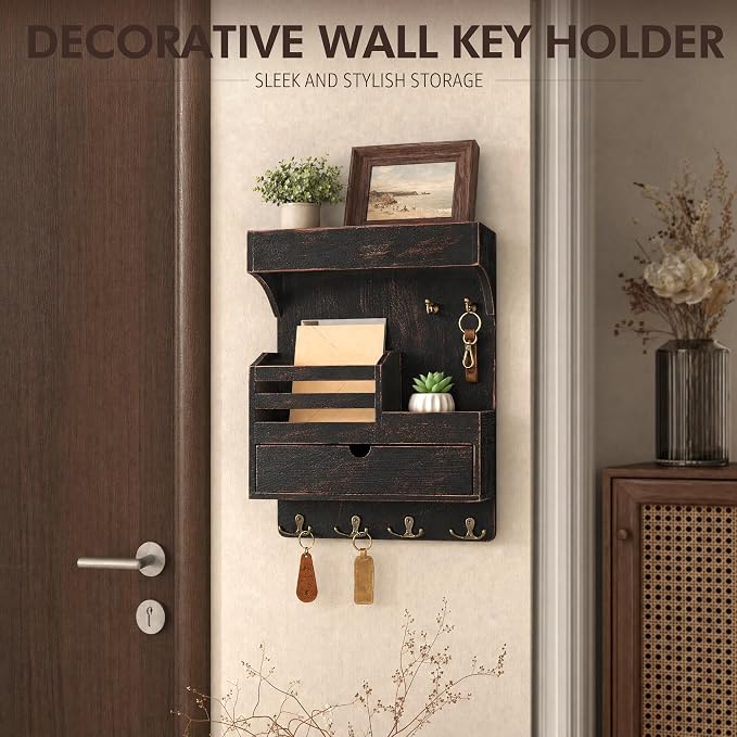 Rebee Vision Key Holder Wall Mount with Shelf for Entryway,Distressed Black | Pine Wood, Key Holder for Wall, 6 Key Hooks, Shelf, Plant Display, Drawer Organizer, Mail Organizer, Home Decor Aesthetic