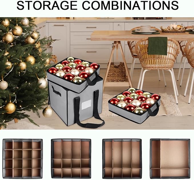 Christmas Ornament Storage Box with Dividers, Holds 64 Balls, Gray | 600D Oxford Fabric, Adjustable Dividers, Removable Trays, Dual Zippers, Reinforced Handles