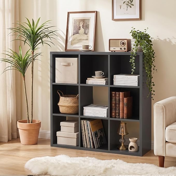 9 Cube Storage Organizer, Black Cube Bookshelf, Multifunctional Bookcase | Open Cube Bookshelf with Removable Back Panels, Vertical or Horizontal Easy Assembly for Home Office Bedroom Living Room