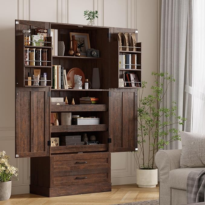 71" Tall Farmhouse Kitchen Pantry Cabinet with 3 Pull Out Shelves & 2 Large Drawers, Pantry Storage Cabinet with 6 Door Shelf & Adjustable Shelf, Freestanding Cupboard for Kitchen, Dining Room