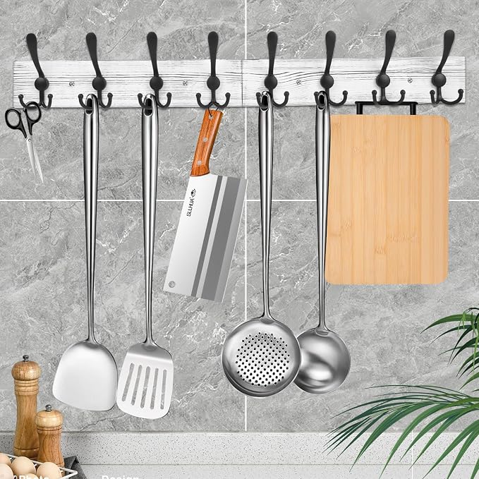 IBosins Wall Mounted Coat Rack, 31.4" Long with 8 Black Rustic Tri-Hooks | Vintage White Rustic Wood & Aluminum Coat Rack for Coat, Bag, Towel, Key, Hat, Umbrella