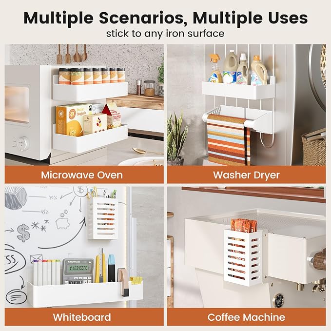 Magnetic Spice Rack for Refrigerator,8 Pack Magnetic Shelf,Fridge Magnet Organizer with Paper Towel Holder,Utensils Racks,Hook Rack,Deepened Basket,Fridge Organizers and Storage White(8 Pack)