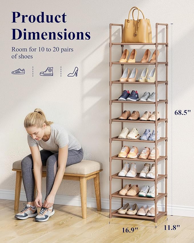 Kitsure Shoe Rack - 10-Tier Shoe Organizer with Detachable Fabric Shelves & Metal Frame, Tall Shoe Rack for Closet, Entryway, Living Room, 16.9" Wide - 10 Tier, Brown