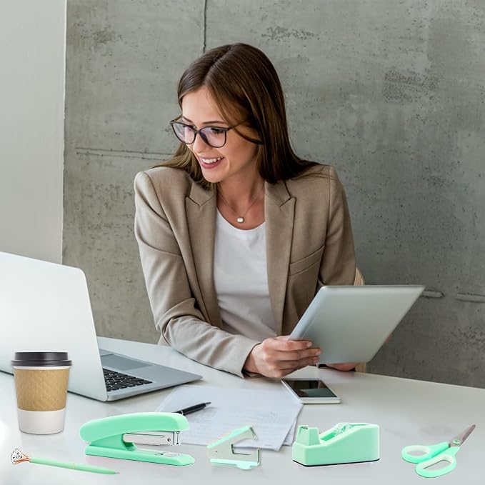 Green Desk Accessories, Green Office Supplies, Stapler, Staple Remover, Tape Holder, Pen Holder, Ballpoint Pen, Scissor, Binder Clips, Paper Clips and 1000pcs Staples.