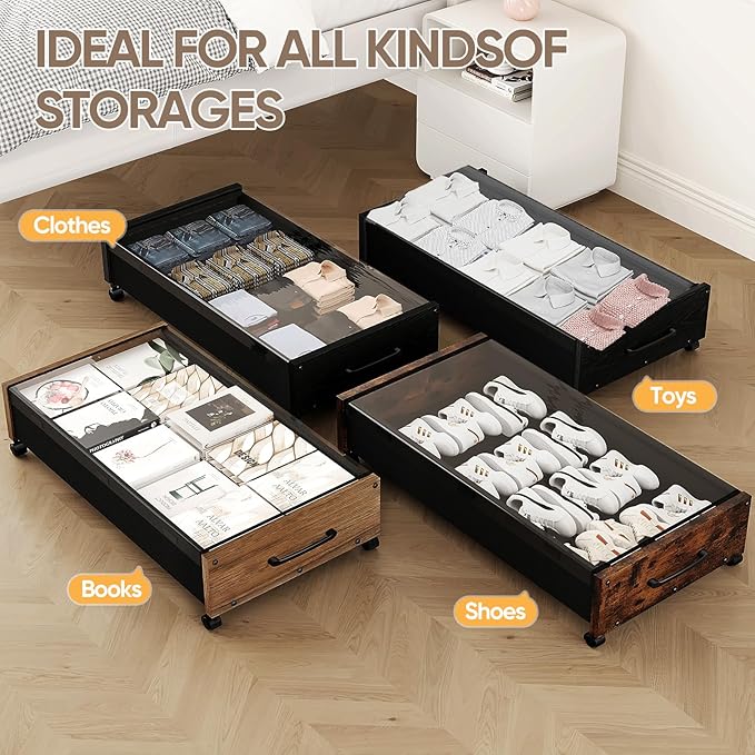 KITHELP Wooden Under Bed Storage with Wheels, Rolling Under the Bed Storage Bins with Removable Lid, Metal Under Bed Drawers for Clothes and Shoes in Bedroom or Living Room(Walnut Brown-2pack)