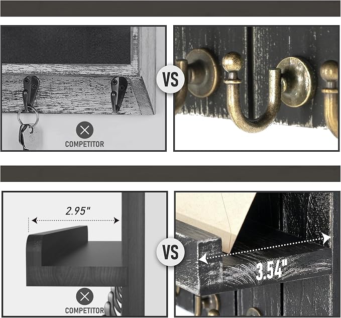Rebee Vision Key Holder Wall Mount with Shelf for Living Room, Old Black | 3.54'' x 10'' x 7.28'', Farmhouse Key Holder for Wall, Solid Pine Wood, Sunglass Organizer, Entryway Storage, Compact Design