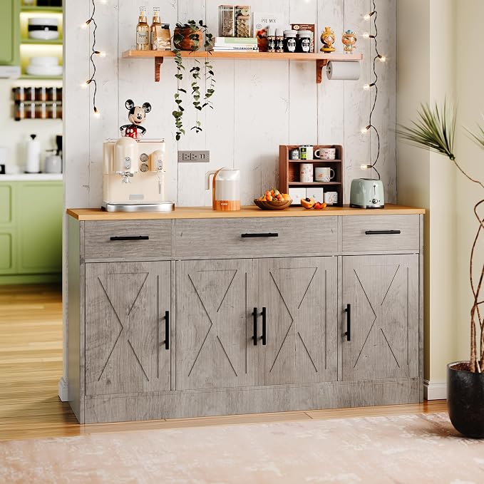 Kitchen Storage Cabinets, Farmhouse Buffet Cabinet with 4 Doors and 3 Drawers, Sideboard Small Storage Cabinet with Adjustable Shelf, for Kitchen, Dining Room & Living Room, Grey