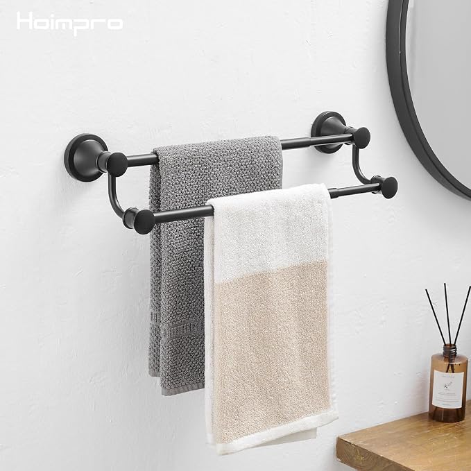 Hoimpro Double Towel Bar Towel Rack for Bathroom Holder Wall Mounted Black | Adjustable 16-26 In,Matte Black Wall Mounted, Stainless Steel, Rustproof, Towel Bar Rod Hanger Hardware Accessories Hotel