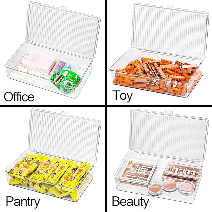 ZEXALOR Clear Plastic Storage Bin with Lid, Organizer for Pantry, Office, Bathroom, Kitchen, Snack, Tea Bag, Coffee Container (Small)