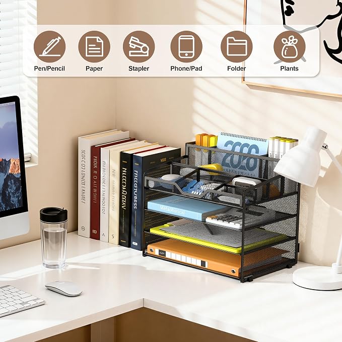 Docnest 4 Tier Mesh Desk Organizer with Letter Tray & Paper Sorter, Black | Features 3 built-in pen holders & 5 adjustable compartments on top. Includes 4 non-slip rubber feet for desk protection