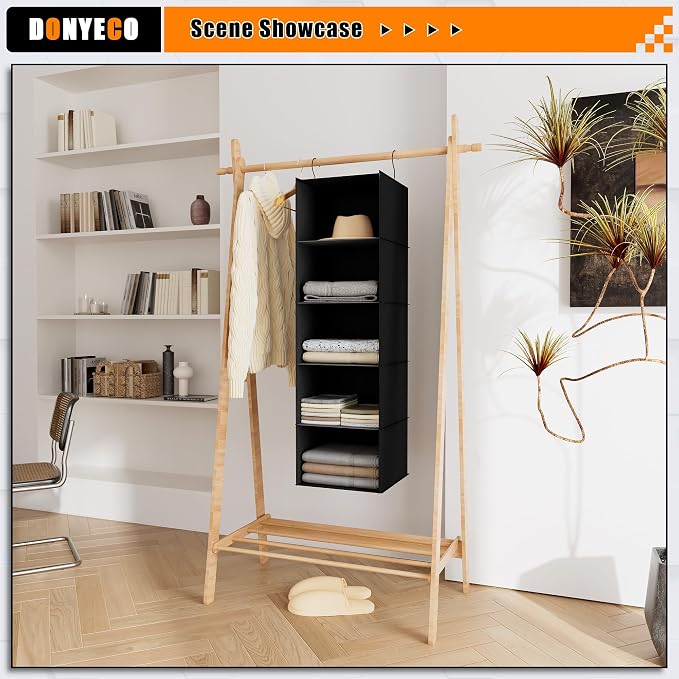 Hanging Closet Organizer 5-Shelf, Oxford Fabric Wardrobe Storage, Black | Easy-mount foldable design holds clothes, handbags, shoes & accessories; washable Oxford fabric, sturdy and space-saving.