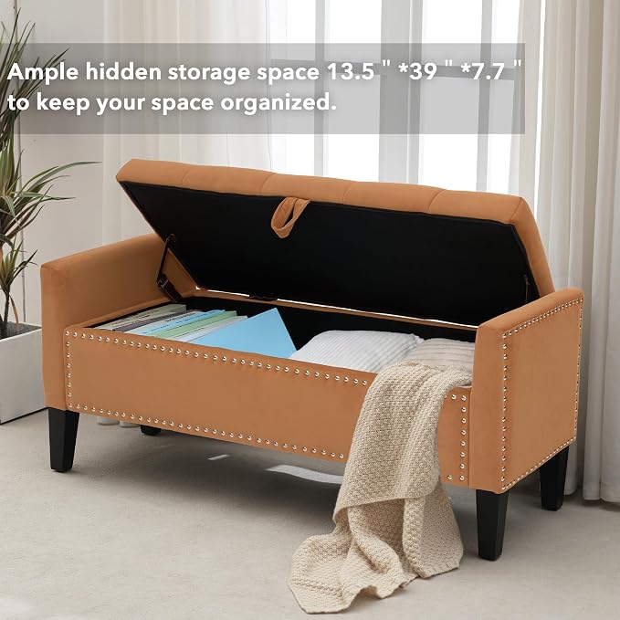 Velvet Ottoman with Storage, 46'' Upholstered Button Tufted End of Bed Bench with Arms, Modern Storage Bench for Living Room, Bedroom, Entryway, Orange