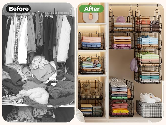 4" Extra Deeper Hanging Closet Organizers and Storage,4 Tier Foldable Wire Cabinet Shelves with 5 S Hooks,Small Metal Basket Bins for Clothes Sweaters Handbags, Wardrobe for Kitchen Laundry Room,Black