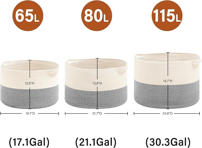 Foldable Laundry Hamper Basket with Collapsible Handle Cotton Rope Soft Woven Fabric Storage Organizer Clothes Toys Nursery Bedroom Dorm Space Saving Bin (White & Light Grey, 115L(23.6"D x 15.7"H))