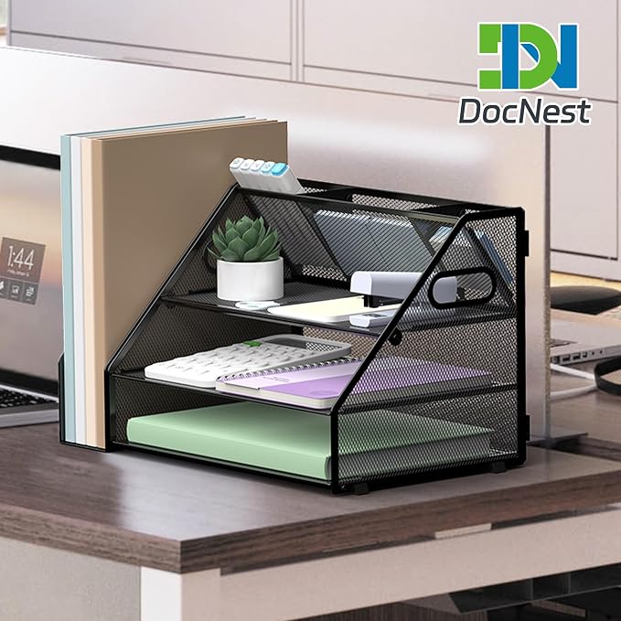 Docnest 3 Tier Desk Organizer with File Holder & Pen Holder, Black | Features 3 built-in pen holders with removable dividers. Space-saving mesh storage for office mail, files & stationery