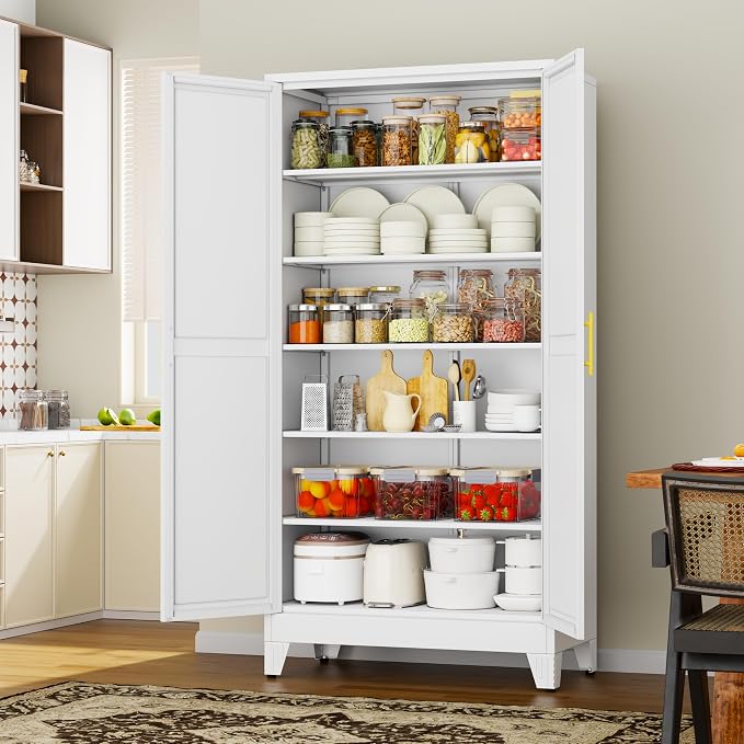 79" White Metal Storage Cabinet with 2 Doors and 5 Adjustable Shelves,Steel Garage Tool Cabinet, File Cabinet,Kitchen Pantry Cabinet for Home,Office,Garage,School,Warehouse