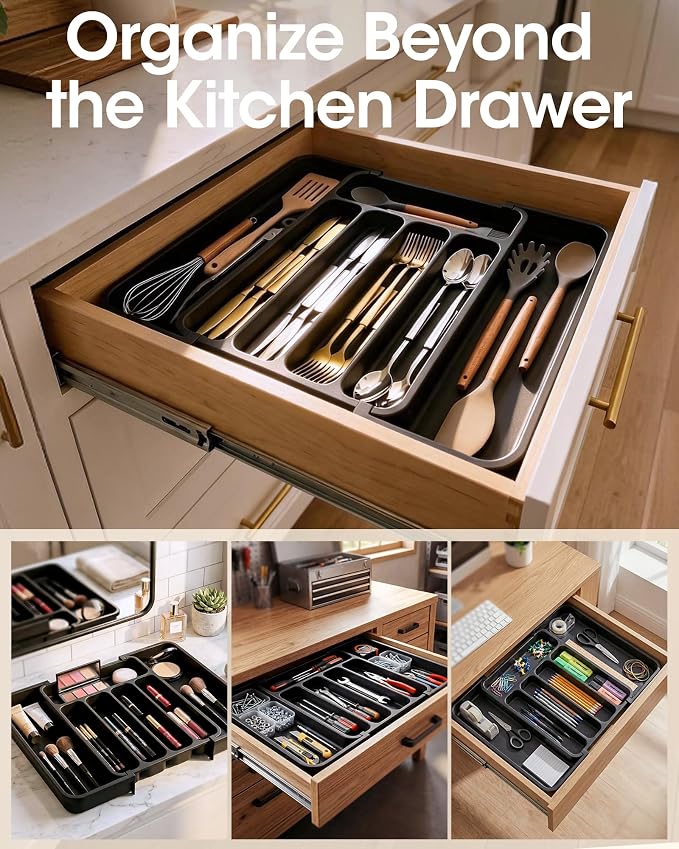 Aujen Silverware Drawer Organizer, Adjustable Utensil Cutlery Tray | Expandable Kitchen Organizer for Forks Knives, Multipurpose Kitchen Storage, Apartment Essentials, Black, Medium