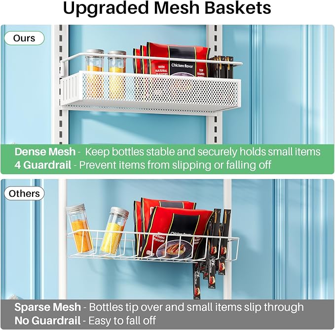 8 Tiers Over the Door Organizer - Height Adjustable Pantry Organizers and Storage with Dense Mesh Baskets, Anti-Swing Hanging Door Spice Rack for Kitchen Bathroom (White, 12.3"W x 4.7"D x 69"H)