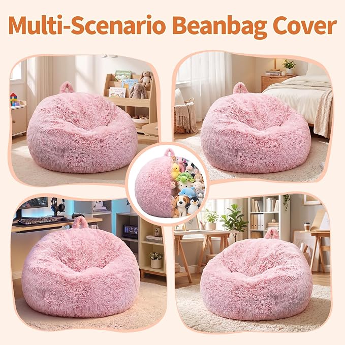 Stuffed Animal Storage Bean Bag Chair Cover, Soft Bean Bag Cover | Fluffy Faux Fur Stuffed Animal Storage Chair, Non-Slip Bottom, Fill with Plush Toys or Blankets, for Adults Teens Kids Girls