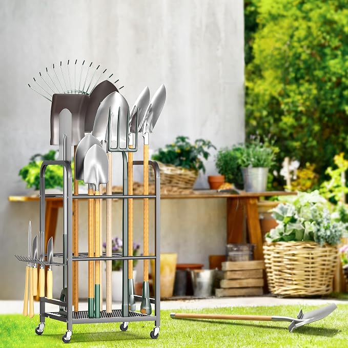 EVERHANGER Garden Tool Organizer and Storage, Yard Tool Stand Garage Tool Organization, Yard Tool Racks for Indoor/Outdoor Use