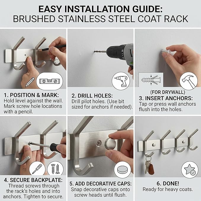 Coat Rack Wall Mount – Brushed Nickel 12 Inch Stainless Steel Hook Rail with 4 Heavy Duty Double Coat Hooks – Wall Mounted Coat Hanger for Entryway, Bathroom, Bedroom, Towel, Hat Organizer