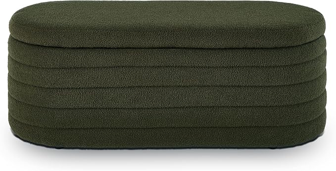 Ball & Cast Storage Bench, Upholstered Oval Ottoman, End of Bed Stool with Safety Hinge for Bedroom, Living Room, Entryway, Teddy Fabric, Dark Green