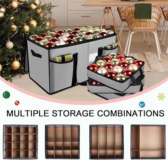 Christmas Ornament Storage Box with Dividers, Holds 128 Balls, Gray | 600D Oxford Fabric, Adjustable Dividers, Removable Trays, Dual Zippers, Reinforced Handles