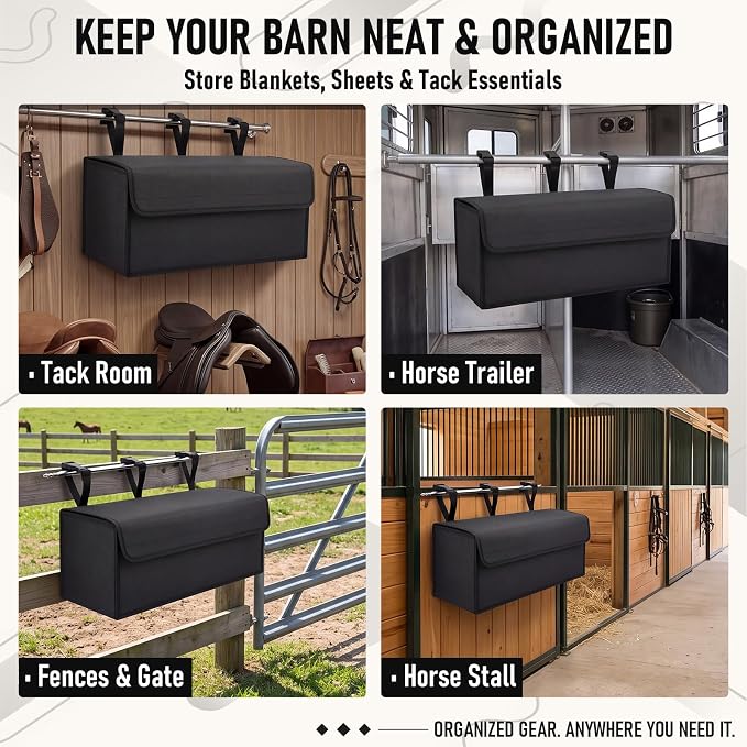 Horse Blanket Storage Bag for Fly Sheets,Black,23 x 9 x 9 in | 600D Waterproof Oxford Tack Organizer, Heavy Duty Hanging Horse Blanket Holder, Stall Front Storage Bag for Horse Blankets