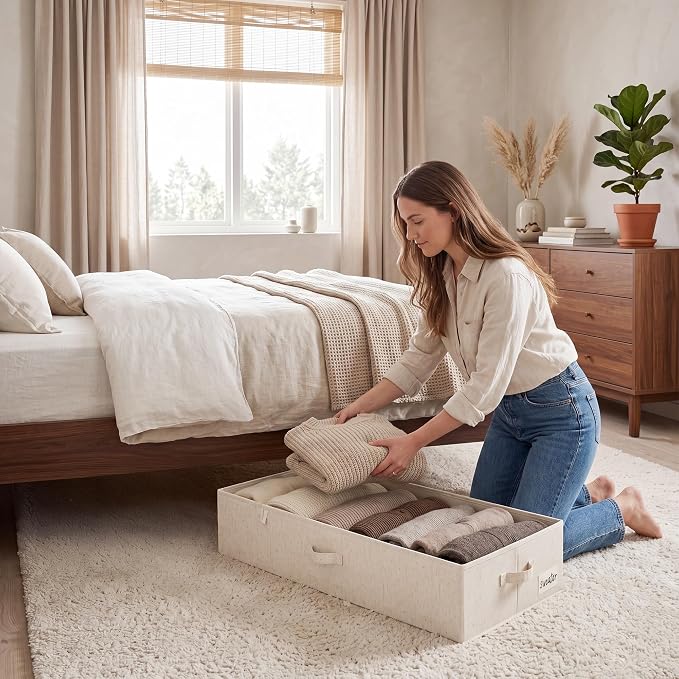 StorageWorks Underbed Storage Containers with Lids, 2-Pack 6.75" Low Profile Under Bed Organizers for Clothes, Bedding and Sweaters, 73L Large Fabric Storage Bins, Foldable Space Saving, Light Beige