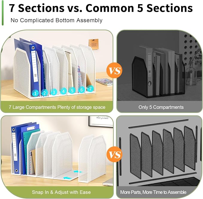 FANXIYQ White 7-Section File Folder Organizer for Desk, Metal Vertical File Holder Stand, Desktop File Organizer Rack for Letter/A4 Folders, Papers, Books, Office Classroom Home