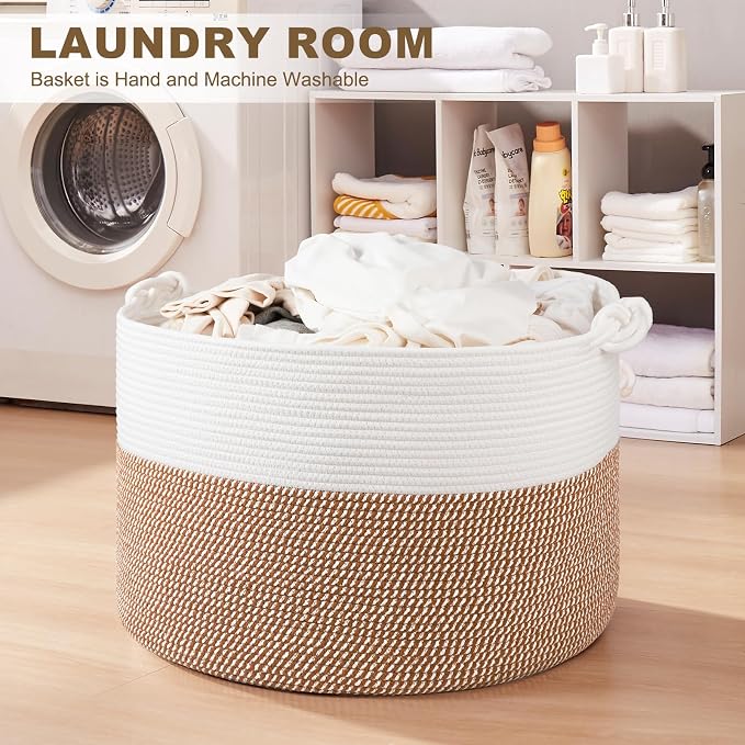 OIASKET XXL Large Blanket Storage Basket for Living Room, 105L Woven Cotton Rope Basket with Handles, Baby Toy Storage, Laundry Hamper for Clothes, Pillows, Towels-Yellow and White