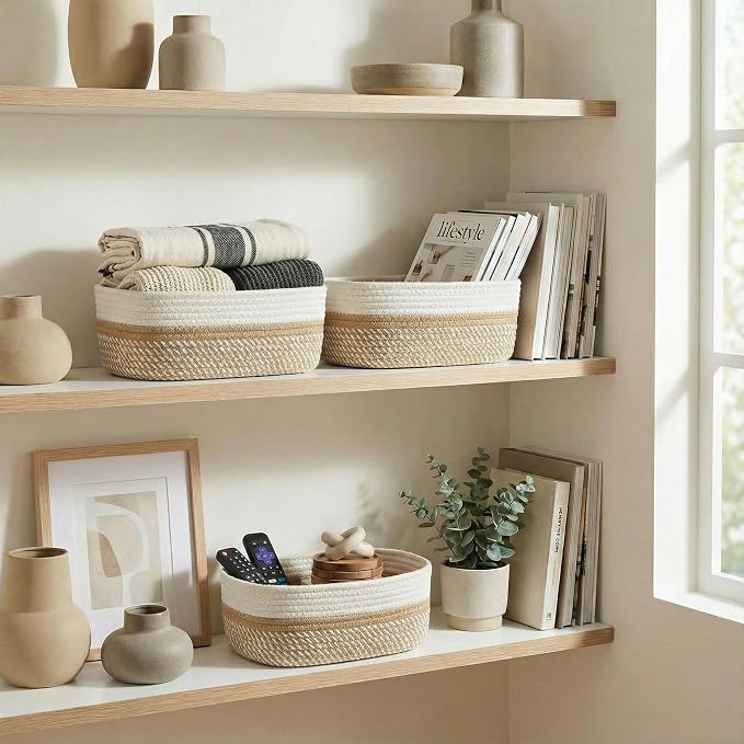 Beautiful Storage Basket Set of 3 - Sturdy Jute Rope Baskets for Shelves Are Perfect for Organizing Your Home - Quality Storage Bins Easily Fit With Any Nursery or Bedroom Decor