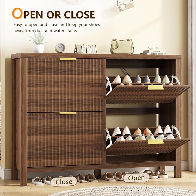 47" Fluted Shoe Cabinet Stoarge with 4 Flip Drawers for Entryway, Hallway | Hidden Shoe Rack Slim Freestanding Shoe Organizer with Legs for Hallway, Living Room, Walnut