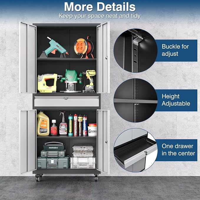 Metal Storage Cabinet with Wheels, 73" Tall Garage Rolling Storage Cabinets with Doors and Shelves, Lockable Tool Caninet Steel Locking Cabnets for Home Office, Garage, Pantry