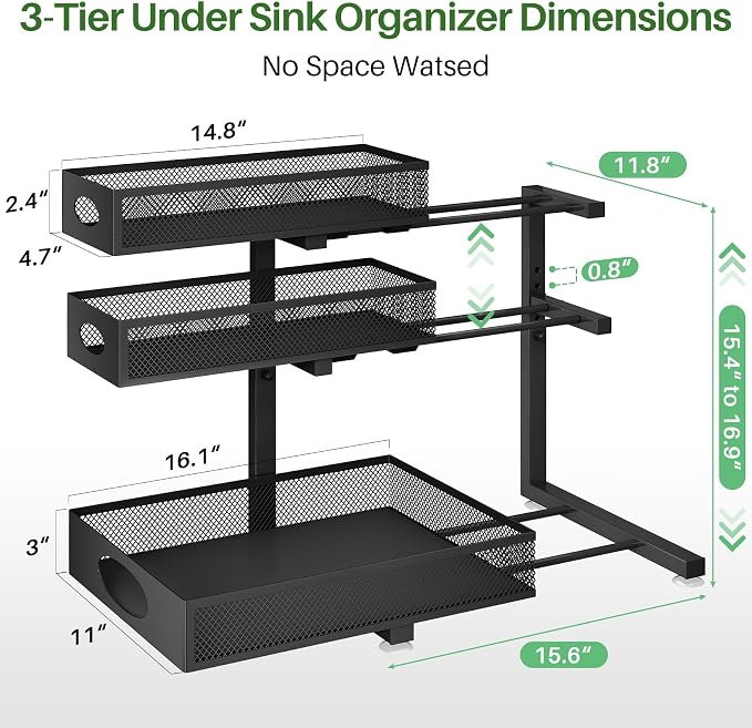 Kitstorack Under Sink Organizer 3-Tier Slide Out Drawer 1-Pack Black | Height Adjustable, Metal Mesh Storage Rack, Pull out Cabinet Organizer Shelf for Bathroom Kitchen Pantry Home Organization