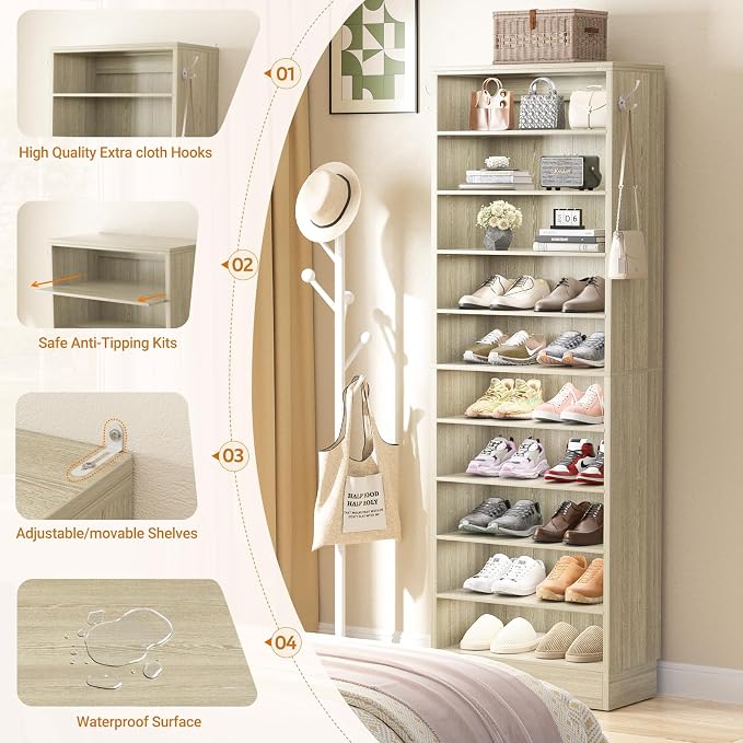 Aheaplus Tall Shoe Cabinet, 10 Tiers Narrow Wood Shoe Rack, Shoe Storage Organizer with Open Storage, Vertical Shoe Shelf Tower for 20-22 Pairs, Space Saving, for Closet, Entryway, Bedroom, 2White Oak