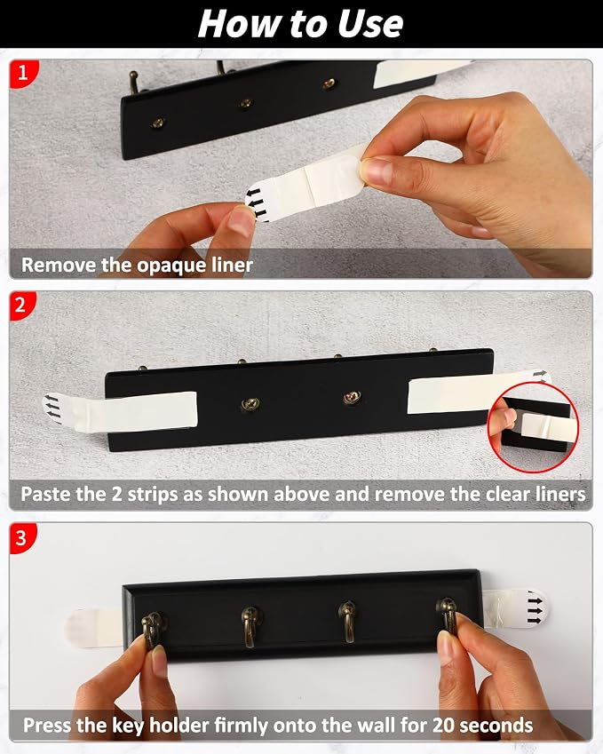 CypherX Key Holder Wall Mount Adhesive, Easy Removal Super Adhesive Tapes, No Damage Small Key Rack with 4 Hooks for Entryway Door Bathroom and Kitchen (Black)