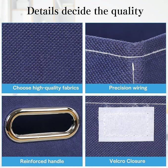 STOREONE Fabric Storage Cube Bins Foldable Organizer Container Collapsible Basket with Lids and Metal Handles, for Home, Bedroom, Closet 8 Pcs (Navy Blue)