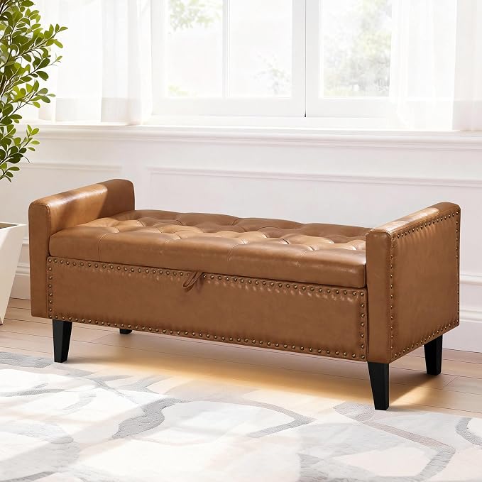 47'' Leather Storage Ottoman Bench, End of Bed Storage Bench with Wooden Legs, Upholstered Tufted Ottoman with Storage for Bedroom, Living Room, Entryway, Light Brown