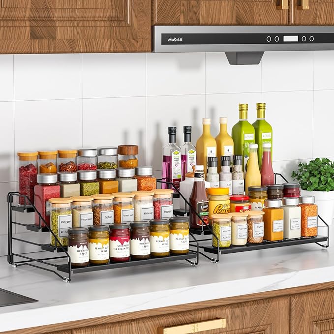 2 Pack Spice Rack Organizer for Cabinet, Depth Adjustable 4 Tier Spice Rack | Black, Metal Spice Organization for Cabinet, Easy Visibility, Tiered Spice Rack Perfect for Cabinet, Pantry and Countertop