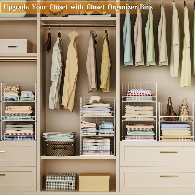 Yociyoga Closet Organizers and Storage Basket- 3-Tier Stackable Storage Bins, Foldable Closet Shelf Organizer Basket, Stackable Clothes Organizers Shelves for Home Organizer System(Patent 30022416)