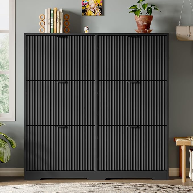 Xixini Shoe Storage Cabinet for Entryway with 6 Flip Drawers, Hidden Slim Wood Shoe Organizer with Modern Fluted Panel, Freestanding Narrow Shoe Rack for Front Door Entrance, Hallway, Foyer, Black