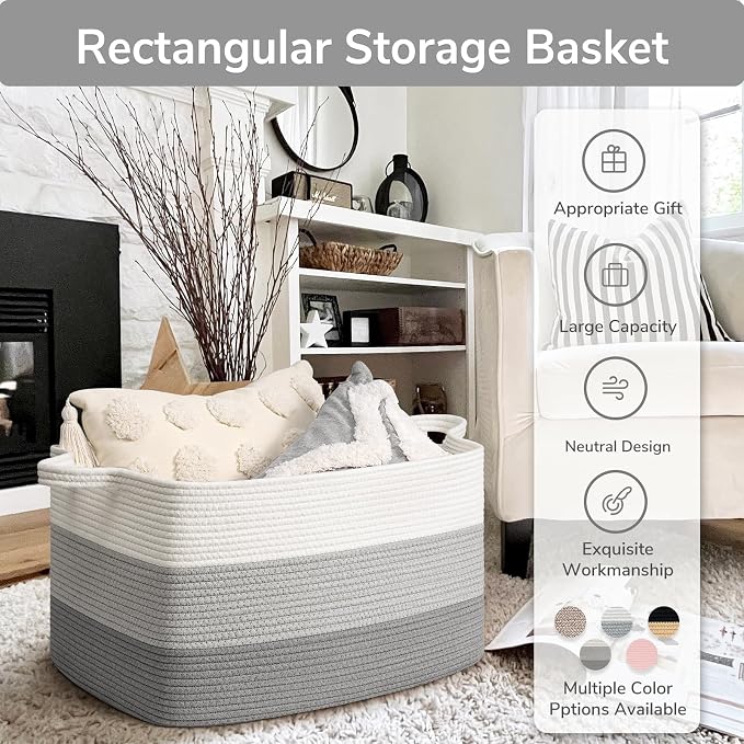 Goodpick Large Woven Rope Toy Basket, Rectangle Storaget, Light Gray | 21.6 x 14.9 x 11.8 in, Reinforced Handles, Living Room, Bedroom & Nursery Organization, Blankets, Pillows & Toys Storage